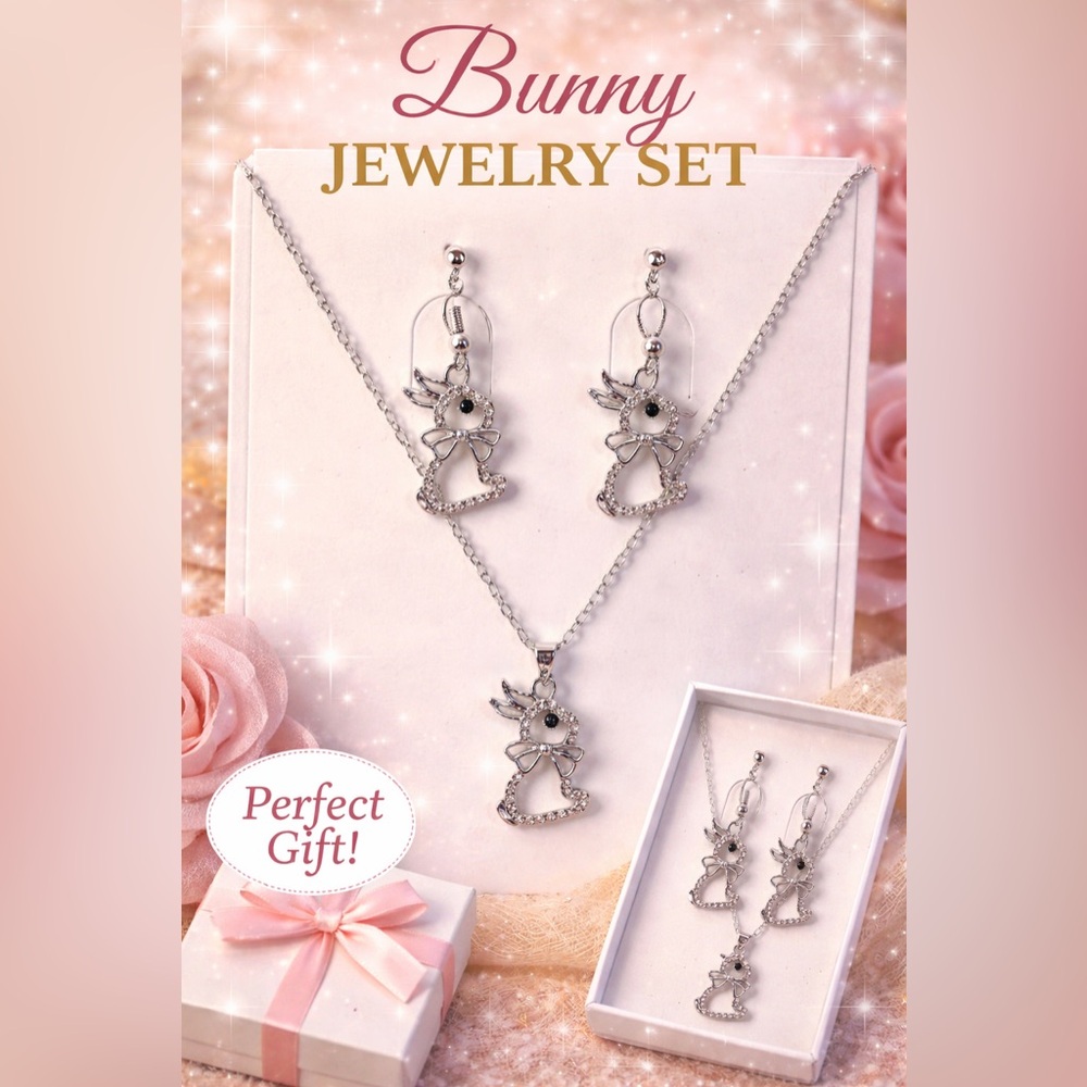 Silver Bunny Pendant Necklace and Earring Set - Elegant Women Jewelry